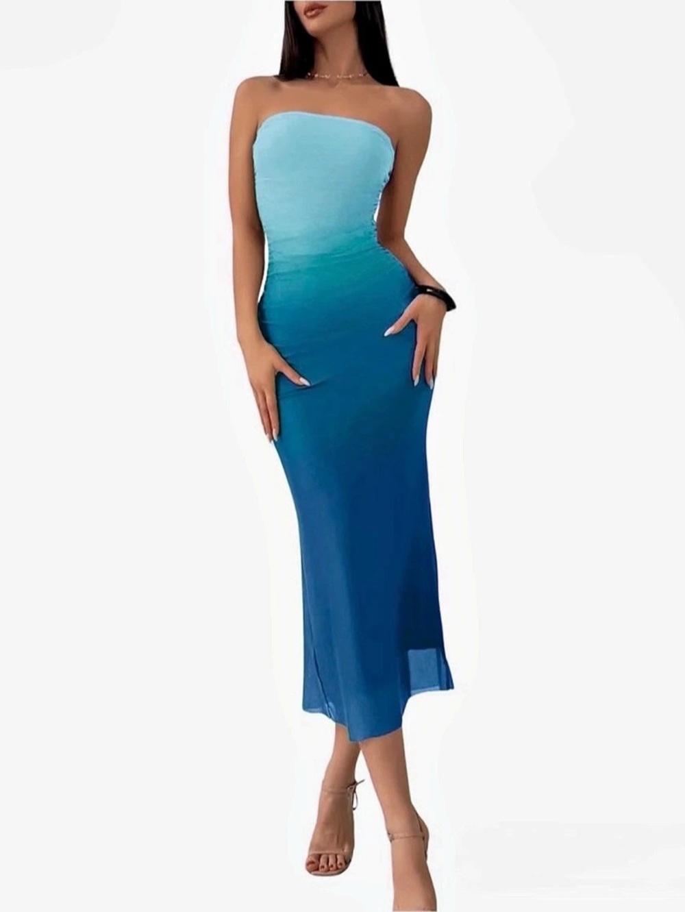 Ruched Strapless Midi Dress in Blue Size Small Like New